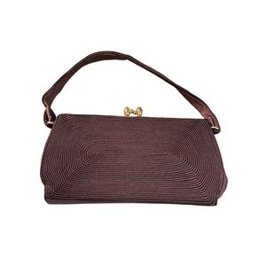 Vintage Chocolate Brown Corde‎ Handbag Gold Kiss Lock Top Handle 1950s Retro Bag